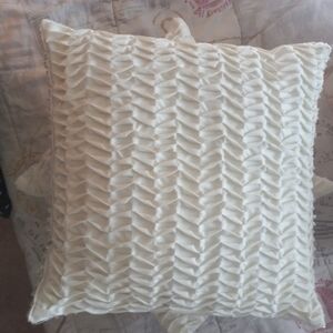 Set of Two Ivory Pleated Throw Pillows with Irridesent Beaded Fringe Trim